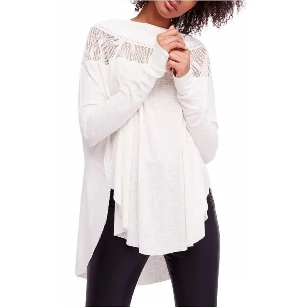 Free People Women's Ivory Spring Valley Lace Trim Lightweight Thermal Top Boho S